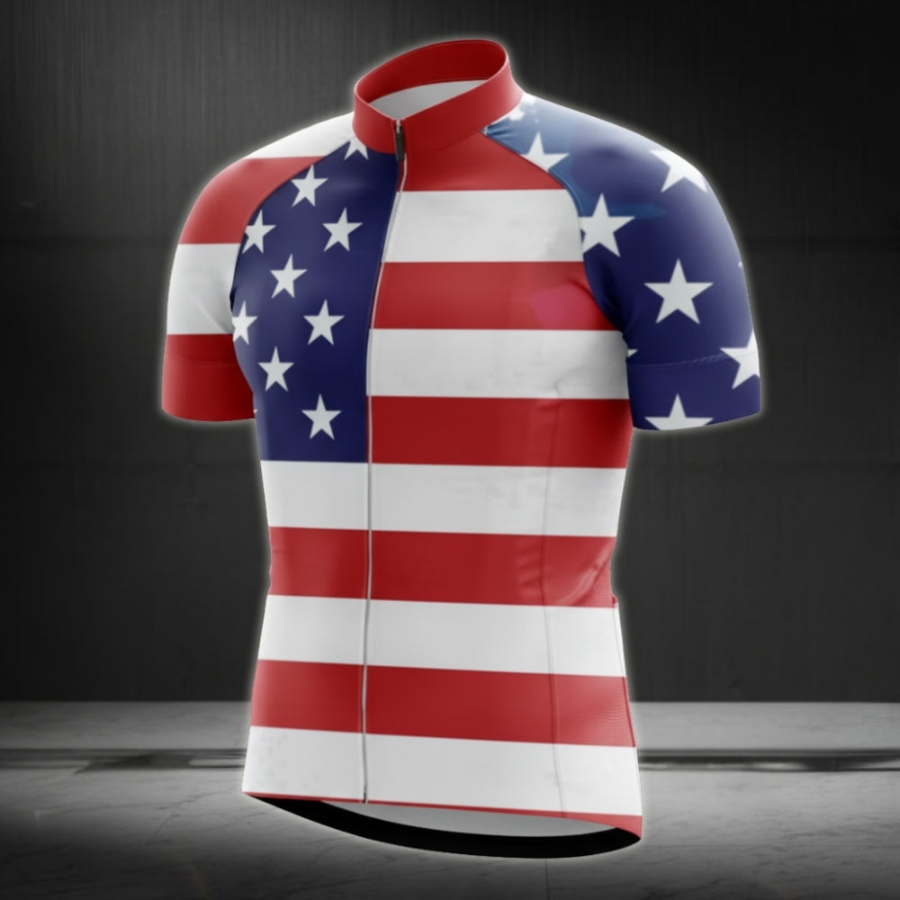 American Flag Men's Cycling Short Sleeve Jersey, Patriotic Cycling Jerseys Mens CE0043