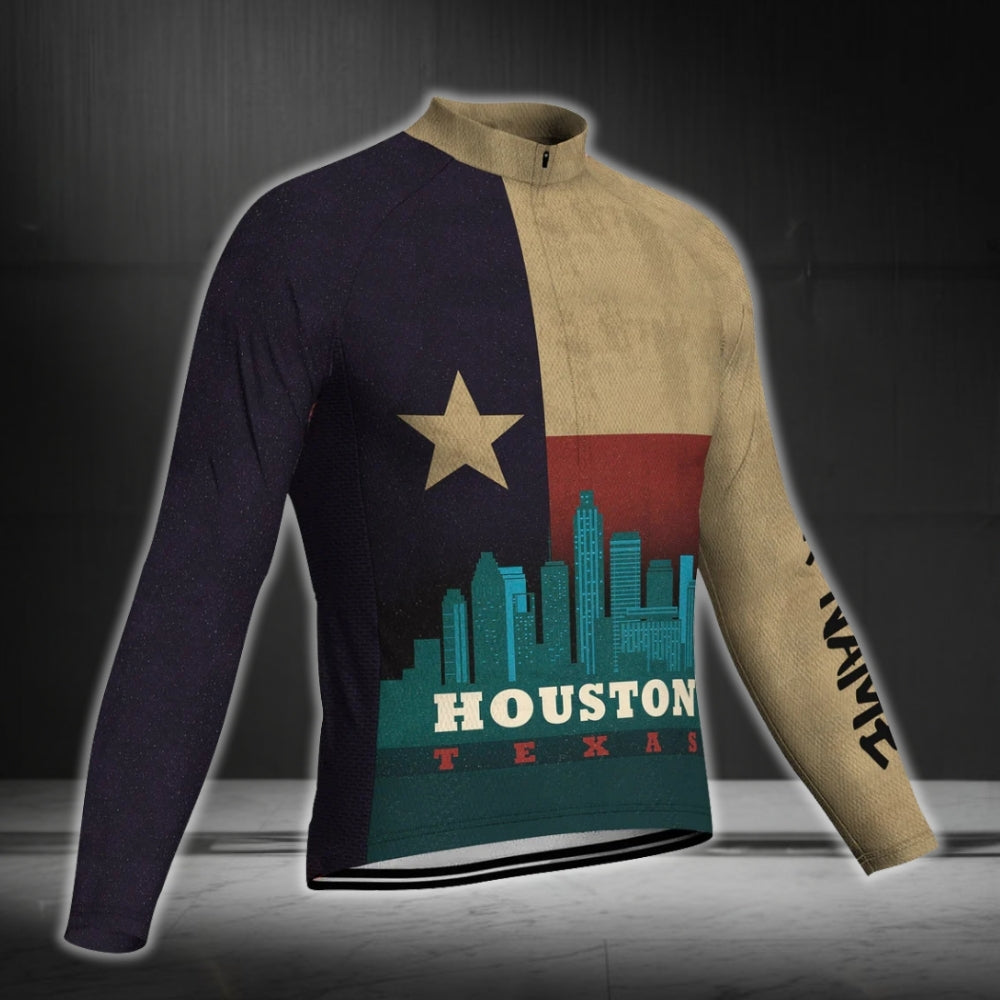 Vintage Texas Houston Custom Name Long Sleeve Cycling Jersey For Men, Custom Texas Cycling Jerseys CG0687