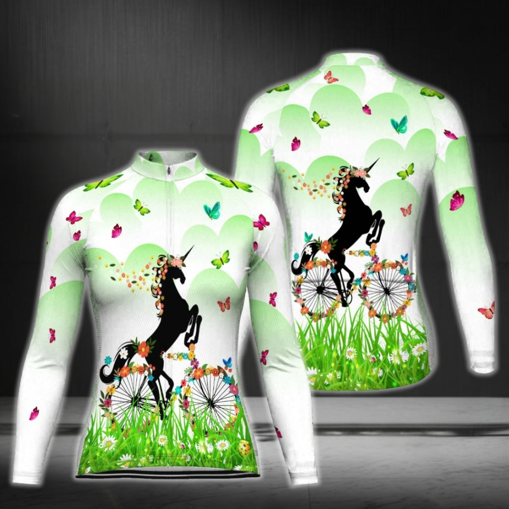 Floral Unicorn Cycling Long Sleeve Women's Jersey, Unicorn Cycling Jersey For Women CG0688