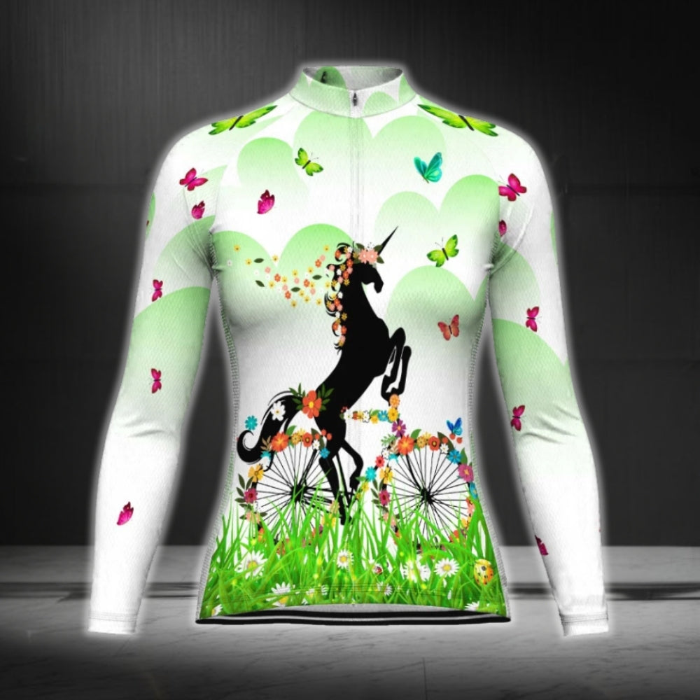 Floral Unicorn Cycling Long Sleeve Women's Jersey, Unicorn Cycling Jersey For Women CG0688