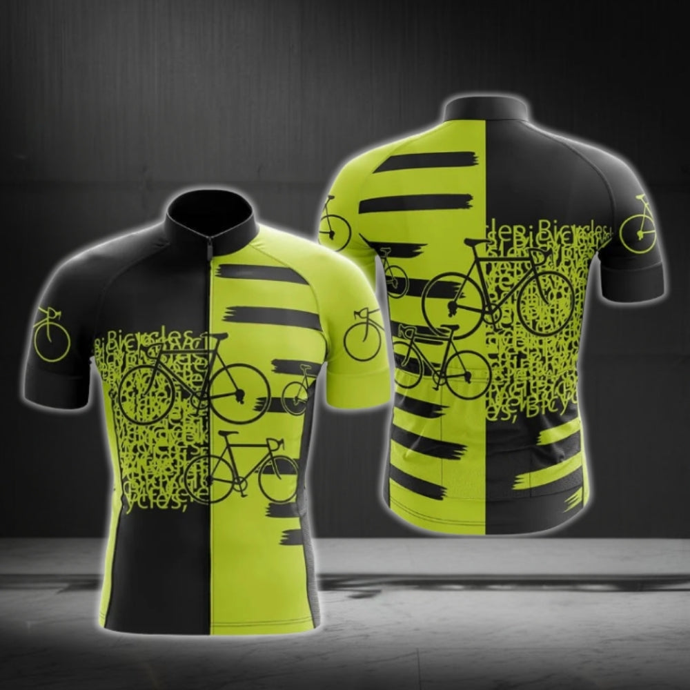 Black And Lime Bicycle Pattern Cycling Short Sleeve Jersey For Men, Bicycle Pattern Cycling Jerseys CG0704