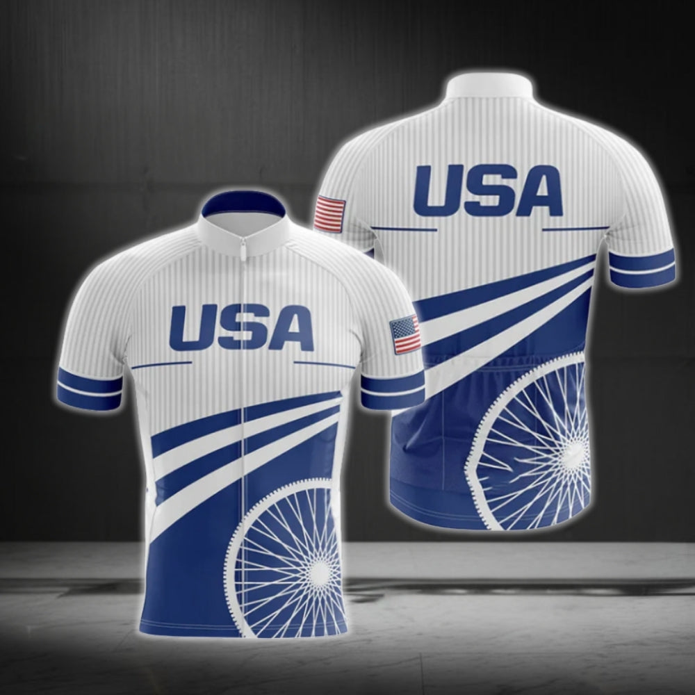 Blue And White USA Short Sleeve Cycling Jersey For Men, USA Patriotic Cycling Jerseys CG0610