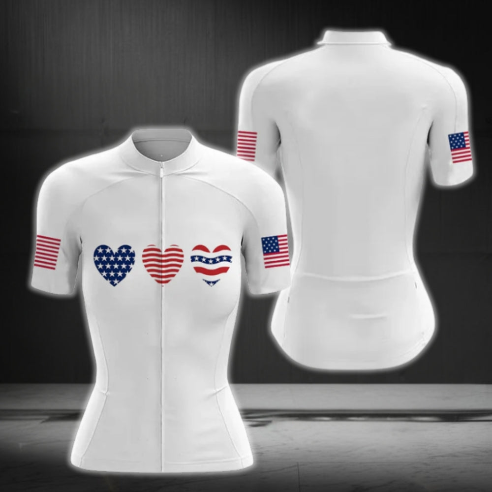 Heart US Flag Short Sleeve Women's Cycling Jersey, Women Patriotic Cycling Jerseys CG0076