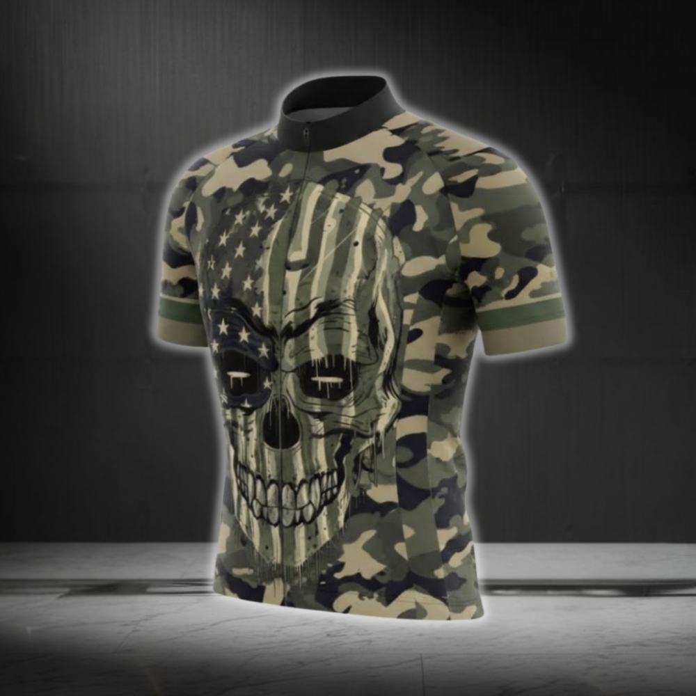 Skull Green Camo Cycling Short Sleeve Men Jersey USA Flag, Skull Cycling Jersey CG0880