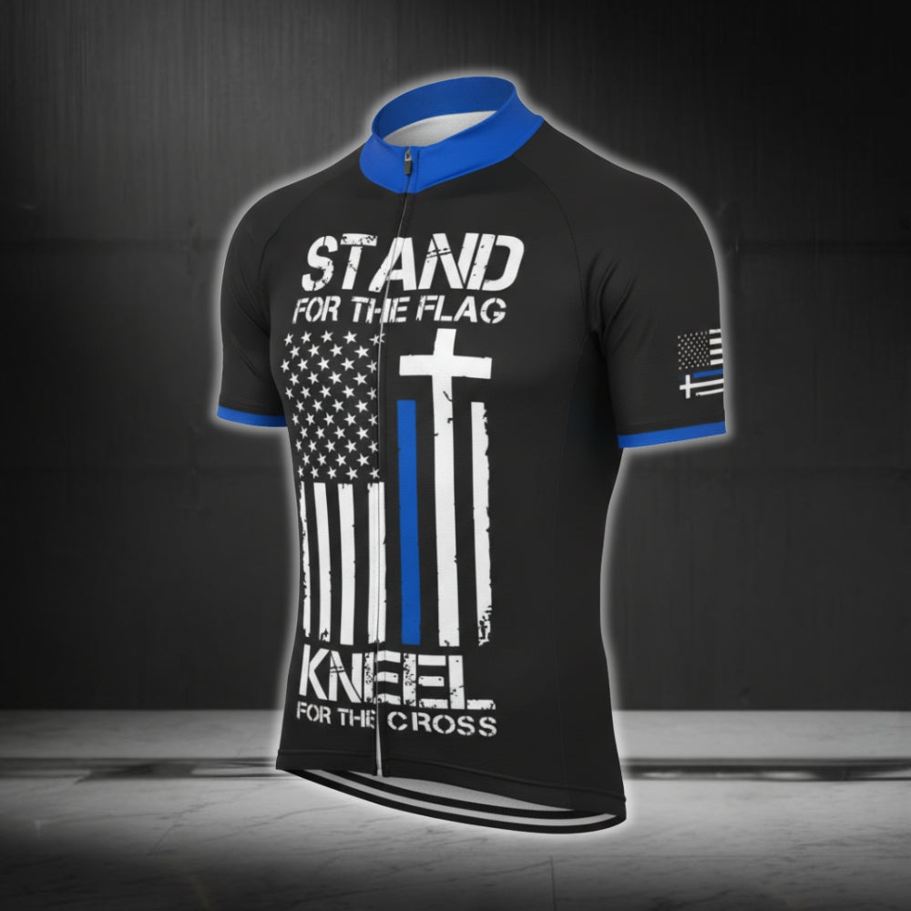 Stand For The FLag Kneel For The Cross Men's USA Flag Cycling Short Sleeve Jersey, Christian Patriotic Cycling Jerseys CG0354