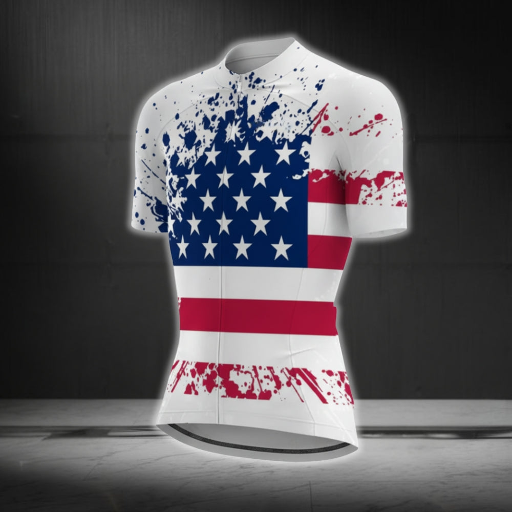 American Flag White Grunge Cycling Short Sleeve Jersey Women, Patriotic Cycling Jerseys For Ladies CG0122