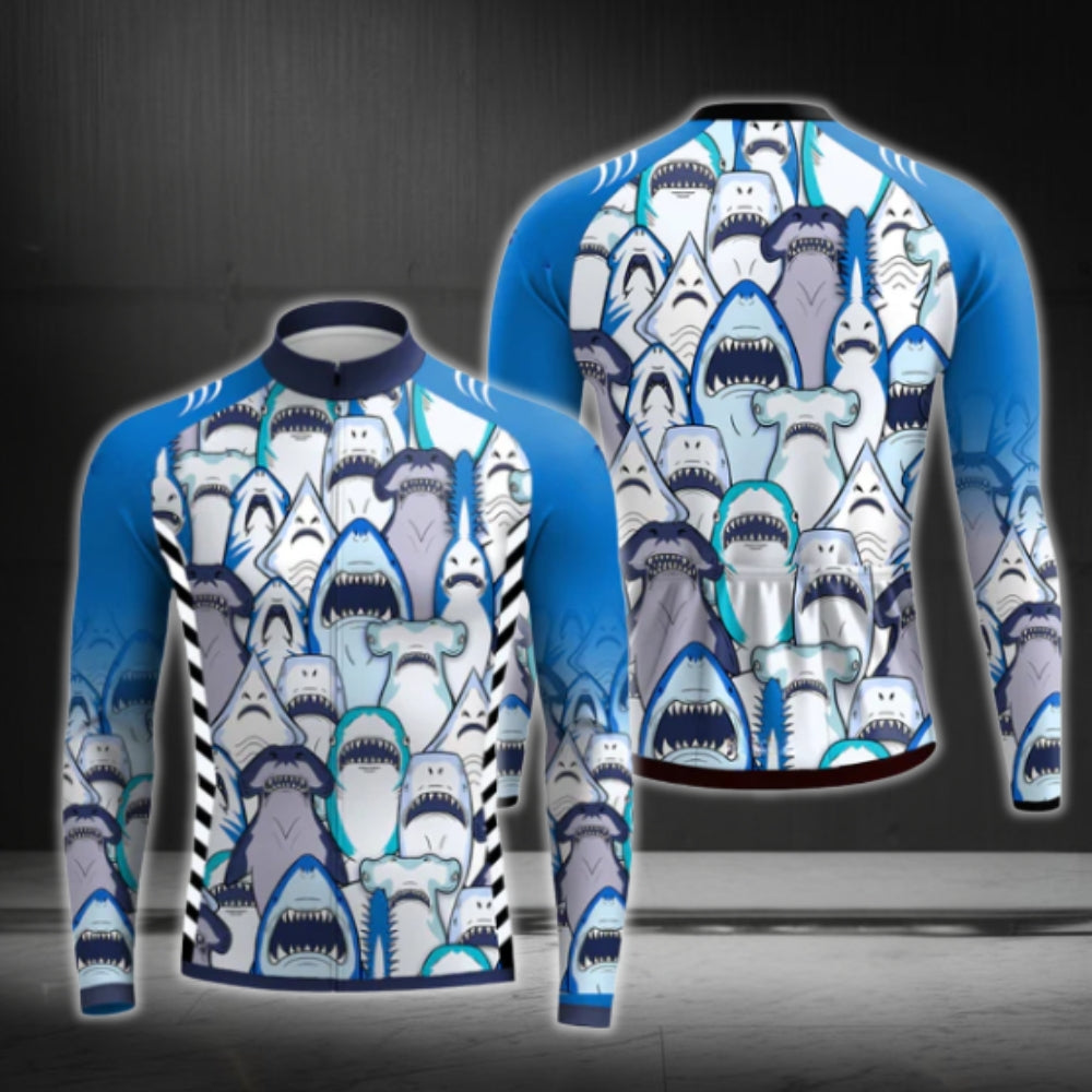 Blue Shark Long Sleeve Men's Cycling Jersey, Shark Cycling Jerseys CG0382
