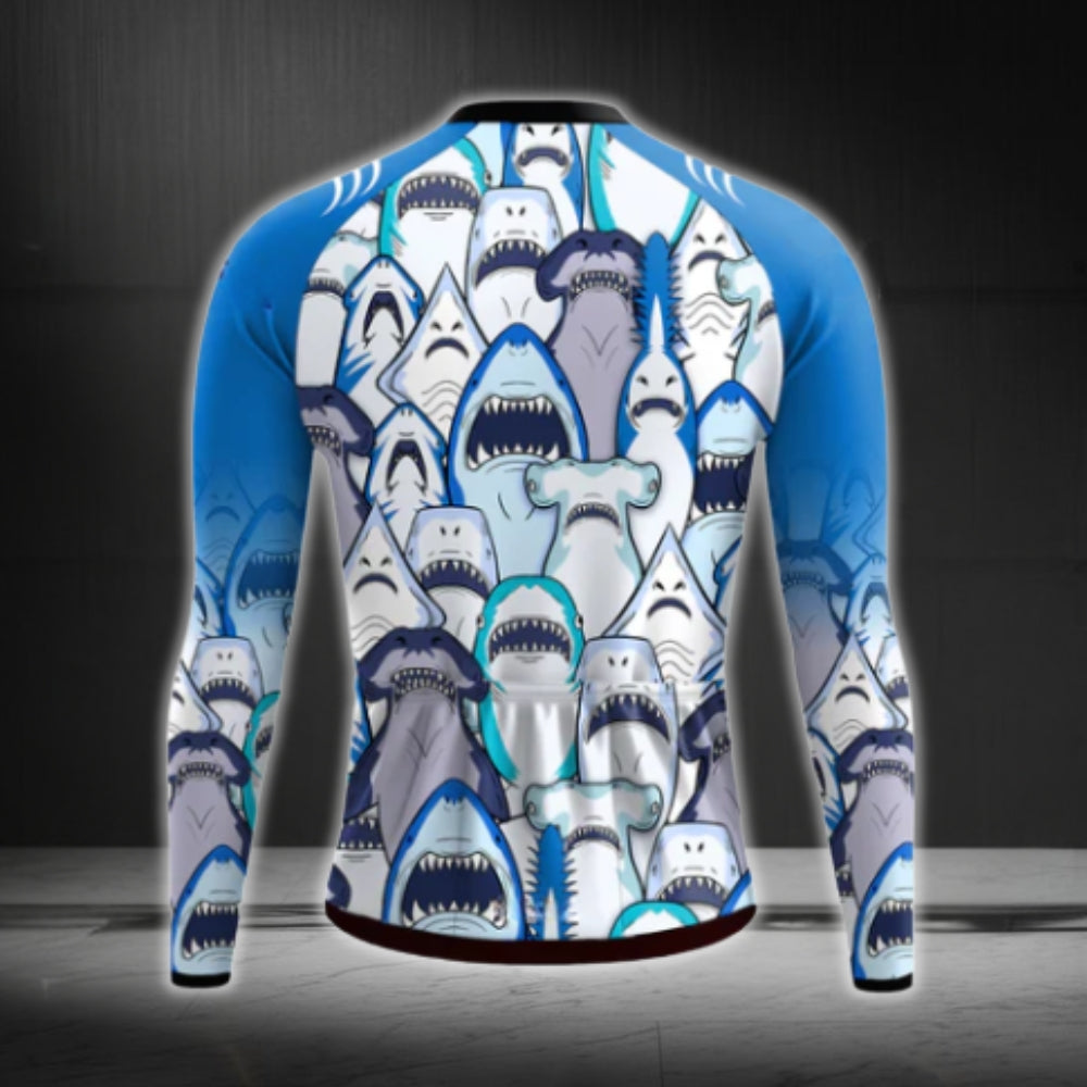 Blue Shark Long Sleeve Men's Cycling Jersey, Shark Cycling Jerseys CG0382