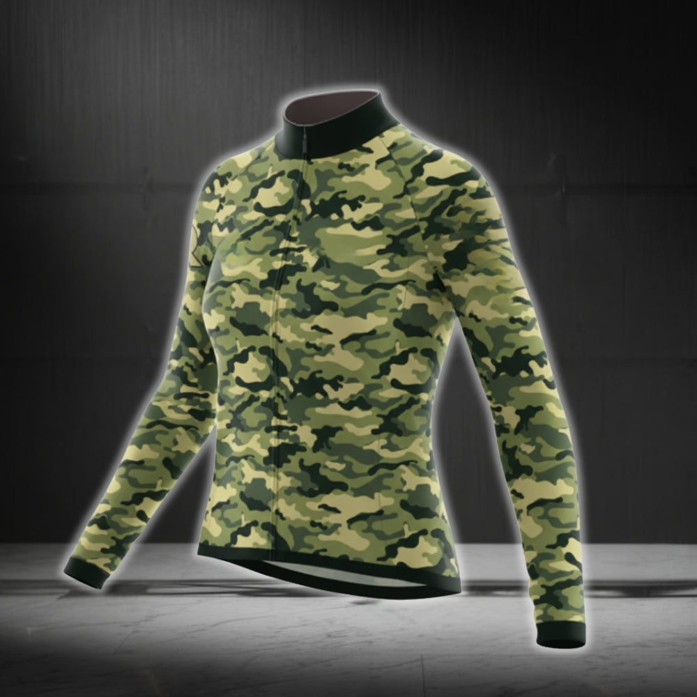 Green Camouflage Long Sleeve Women's Cycling Jersey, Camo Cycling Jerseys For Ladies CG0396
