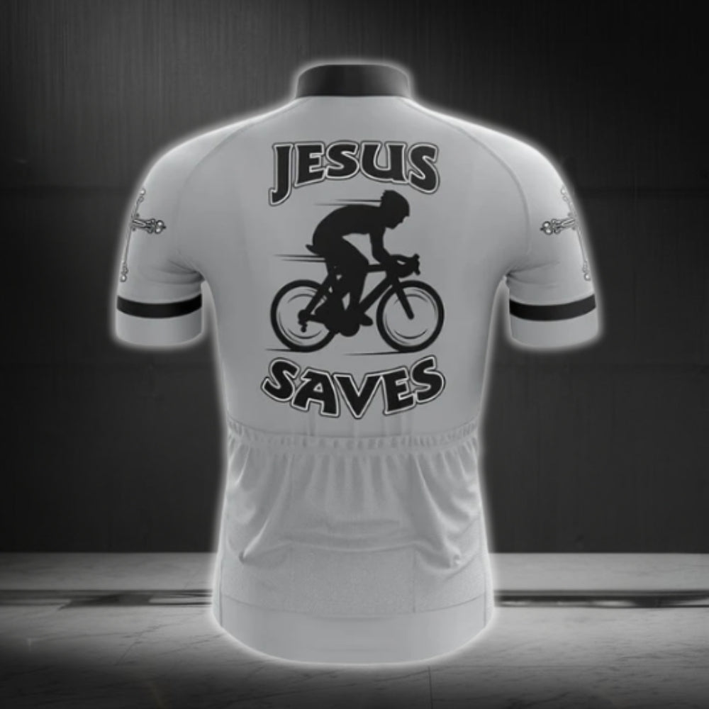 Jesus Saves Men's Grey Cycling Short Sleeve Jersey, Christian Cycling Jerseys CG0233