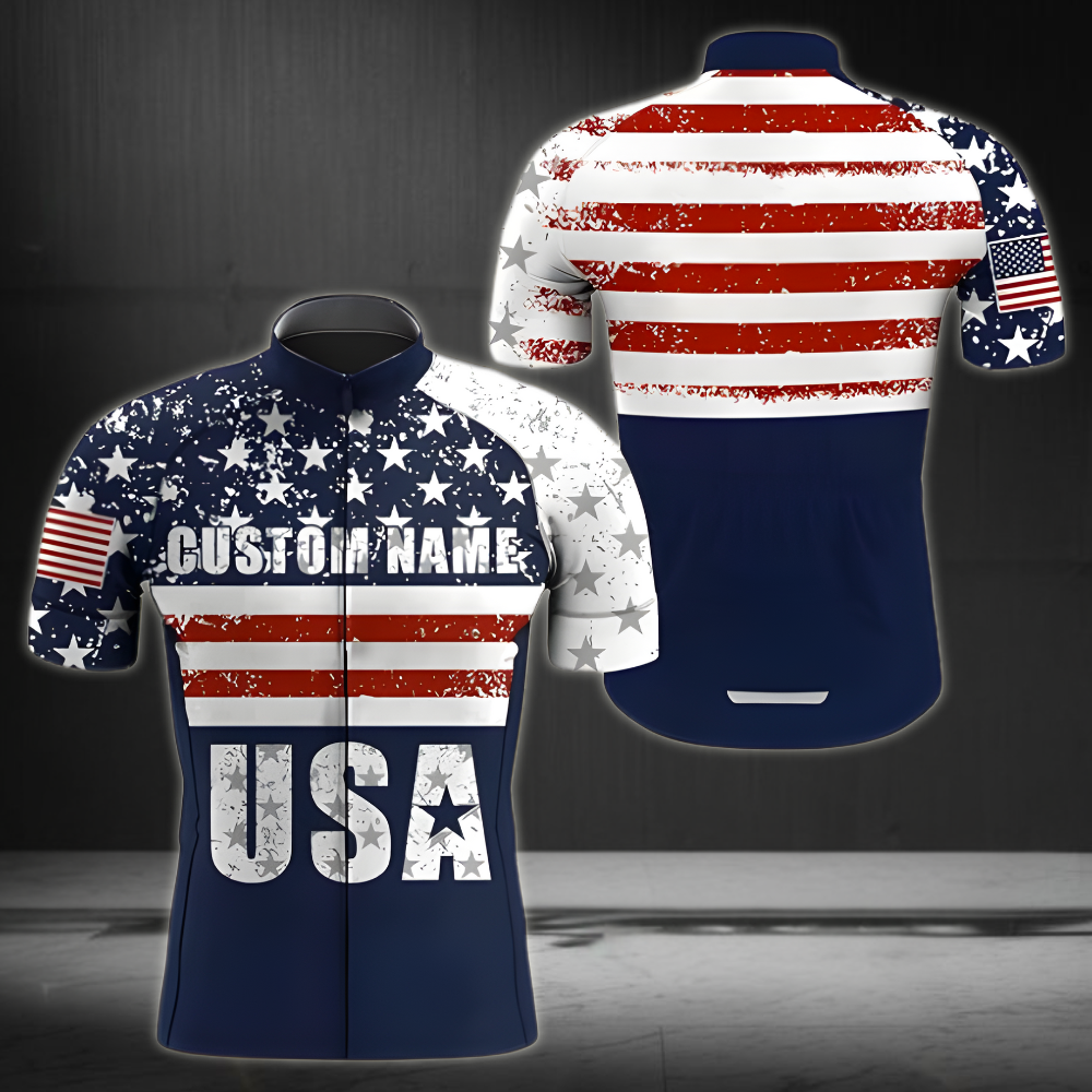 USA Flag Custom Name Short Sleeve Cycling Jersey For Mens, Custom Patriotic Cycling Jersey CZ0055