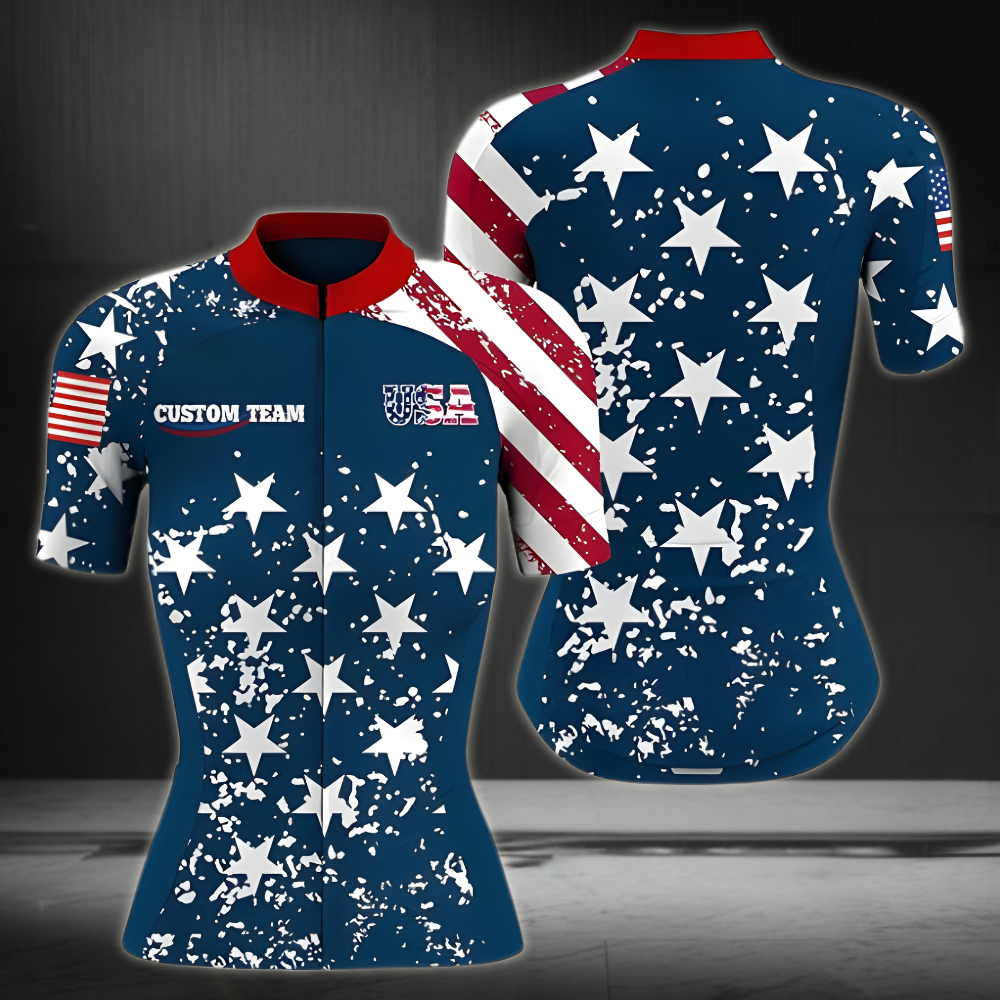 Custom Grunge USA Flag Cycling Jersey Short Sleeve For Womens, Custom Patriotic Cycling Jersey For Ladies CZ0056