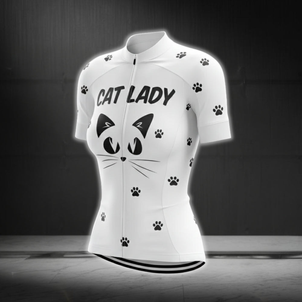 Cat Lady White Cycling Short Sleeve Jersey, Cat Cycling Jerseys For Womens CZ0098