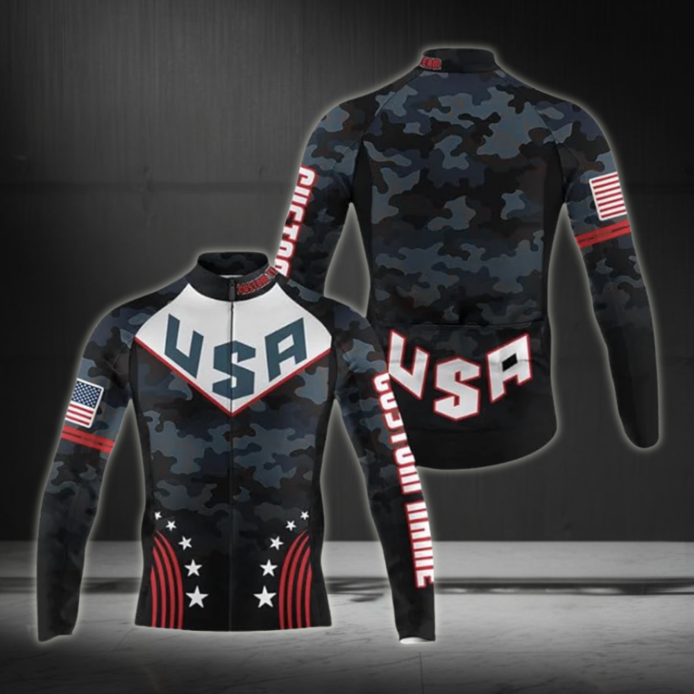 Custom Men's American Flag Camo Cycling Long Sleeve Jersey, Custom Patriotic Cycling Jersey CZ0020
