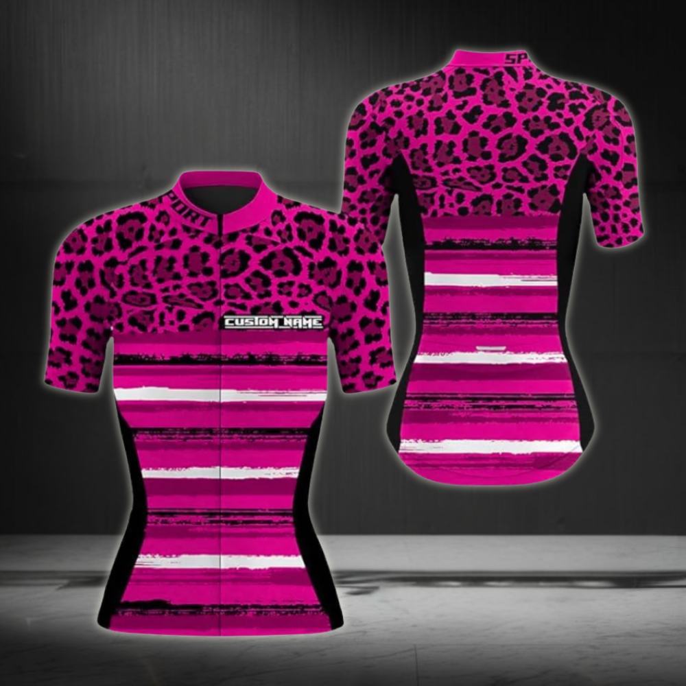 Custom Pink Leopard Cycling Short Sleeve Jersey Women, Custom Cycling Jersey For Women CZ0012