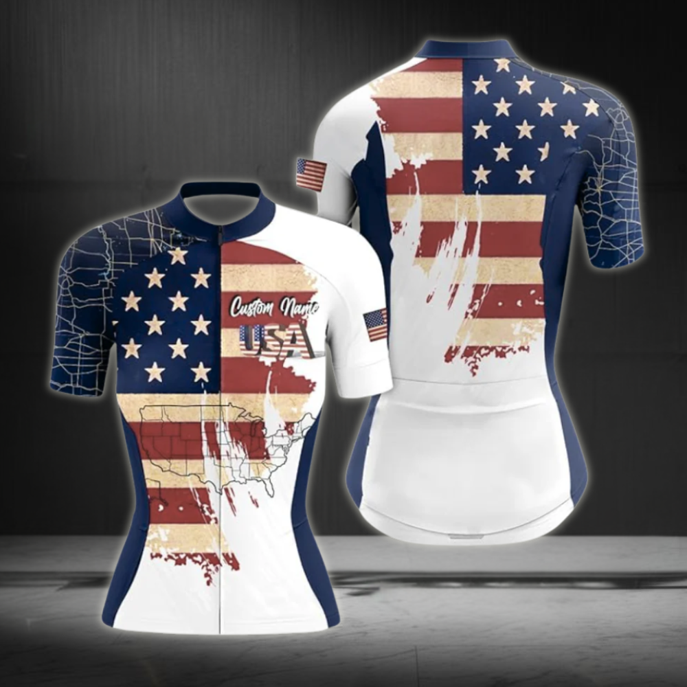 Custom American Flag Cycling Short Sleeve Jersey For Women CZ0004