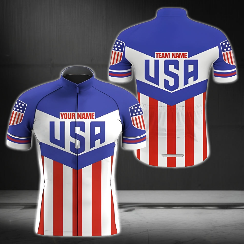 Custom USA Flag Short Sleeve Cycling Jersey For Men, Custom Patriotic Team Cycling Jersey CZ0054